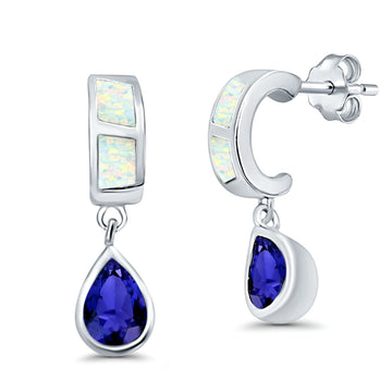 Pear Stud Earrings Lab Created White Opal Simulated Blue Sapphire CZ 925 Sterling Silver (23mm)